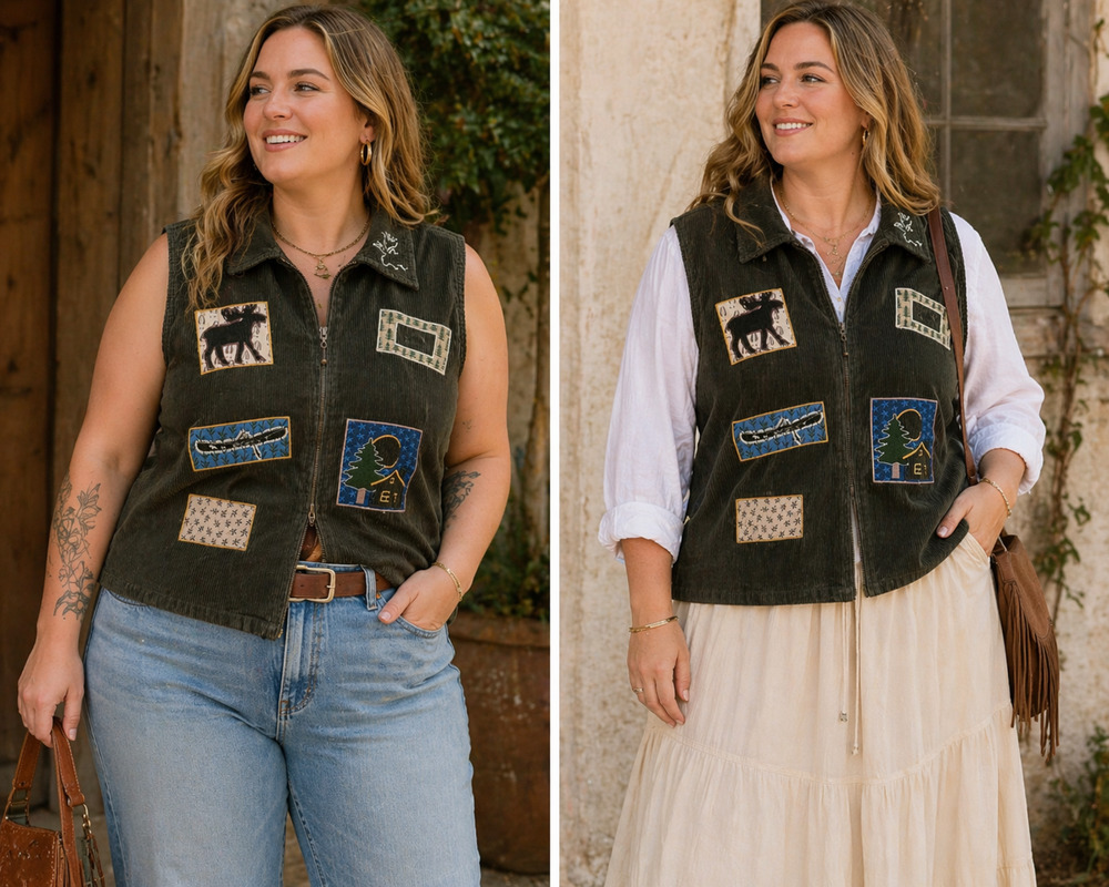 VTG Christopher & Banks Corduroy Embroidered Vest Cabin Hong Kong Patchwork-16W